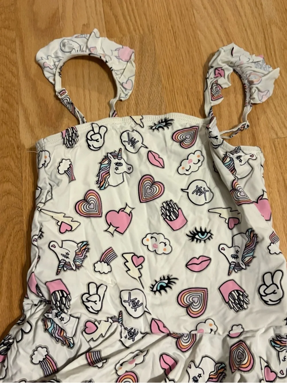 Betsey Johnson White One-Piece Swimsuit Unicorn Lips Sz 7/8 French Fries